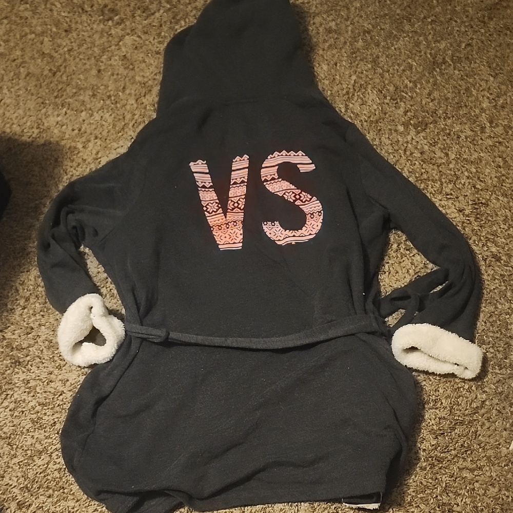Victoria's Secret Black Hooded Sherpa Sweatshirt with Pink Patterned VS
